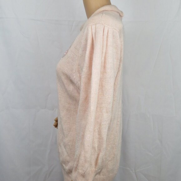 Vintage Sweater Shoulderpads 80s 90s Pastel Pink Floral Pearl Knit Cute Flower - Picture 2 of 7